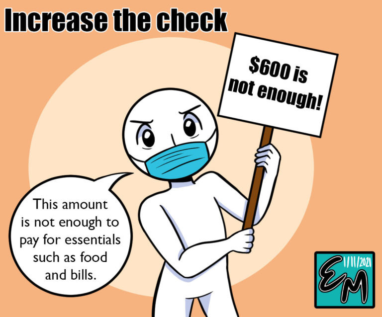 Cartoon of $600 stimulus check not being enough for the people.