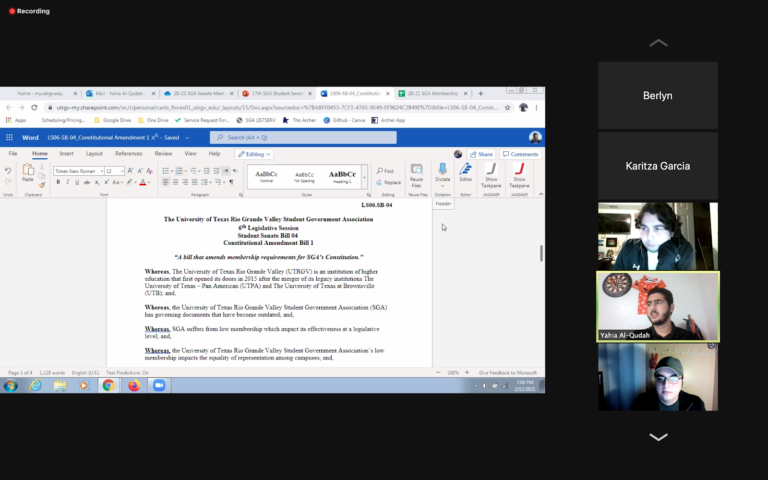 The Student Government Association votes on the Eligibility Requirement Bill, which would change the minimum credit hour requirements for current and new SGA members, during its Feb. 12 meeting via Zoom. SCREENSHOT TAKEN BY SOL GARCIA DURING THE FEB. 12 SGA MEETING VIA ZOOM
