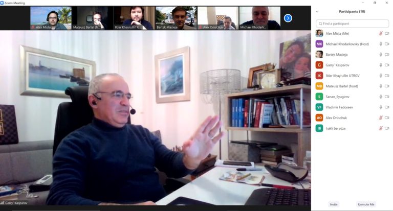 UTRGV Chess Team A speaks with Grandmaster Garry Kasparov March 3 after winning the Kasparov Chess Foundation University Cup competition in February. The team earned a training session with the chess legend. Photo Courtesy Bartek Macieja