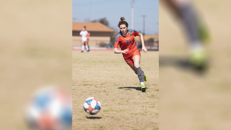 Senior midfielder Gina Steiner chases the ball during practice Feb. 20 at the UTRGV Soccer and Track & Field Complex in Edinburg. Photo Courtesy UTRGV Athletics