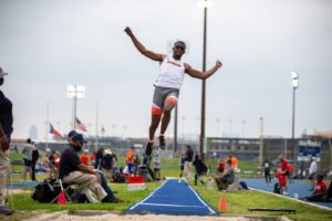 Junior Harry Barthelemy competes March 27 in the long jump at the Victor Lopez Classic hosted by Rice University in Houston. Photo Courtesy UTRGV Athletics
