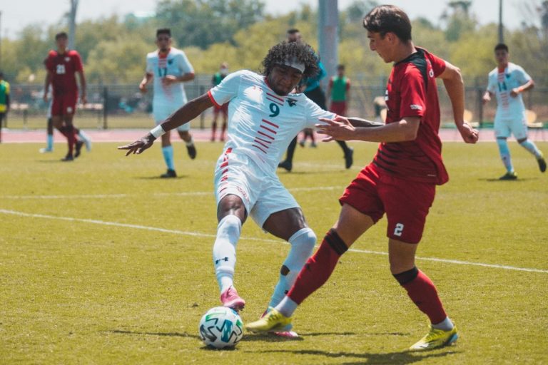 UTRGV Men’s Soccer junior forward Reshaun Walkes (left) fights for the ball against a University of the Incarnate Word player April 9 in the Western Athletic Conference Tournament at the UTRGV Soccer and Track & Field Complex in Edinburg. In the 66th minute, Walkes pushed the ball into the corner of the net, which was set up by a deflected pass by senior forward William Akio. UTRGV won 1-0. Photo Courtesy UTRGV Athletics