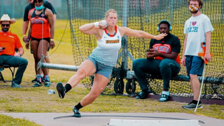 Desirea Buerge competes March 27 in the shotput event in the Victor Lopez Classic at Rice University in Houston. Photo Courtesy Juan DeLeon
