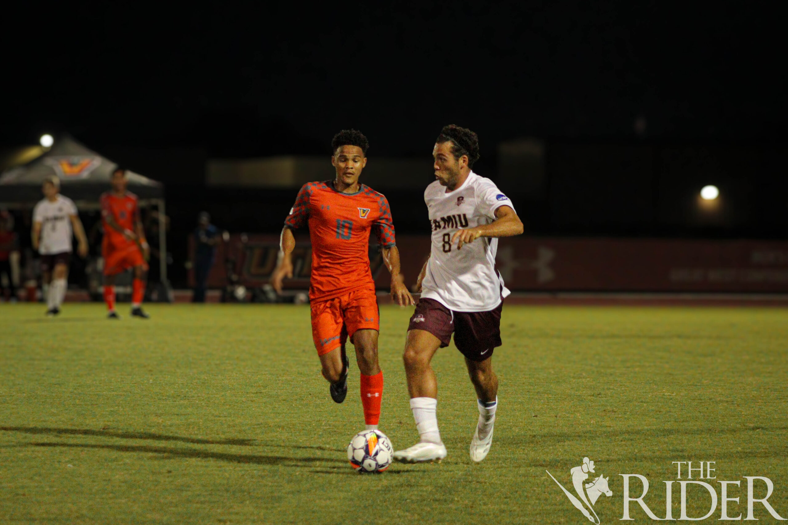 Vaquero sophomore forward Keaviano Francis attempts to get in front of a Dust Devil opponent during tonight’s match at the UTRGV Soccer and Track & Field Complex on the Edinburg campus. Abigail Ollave/THE RIDER
