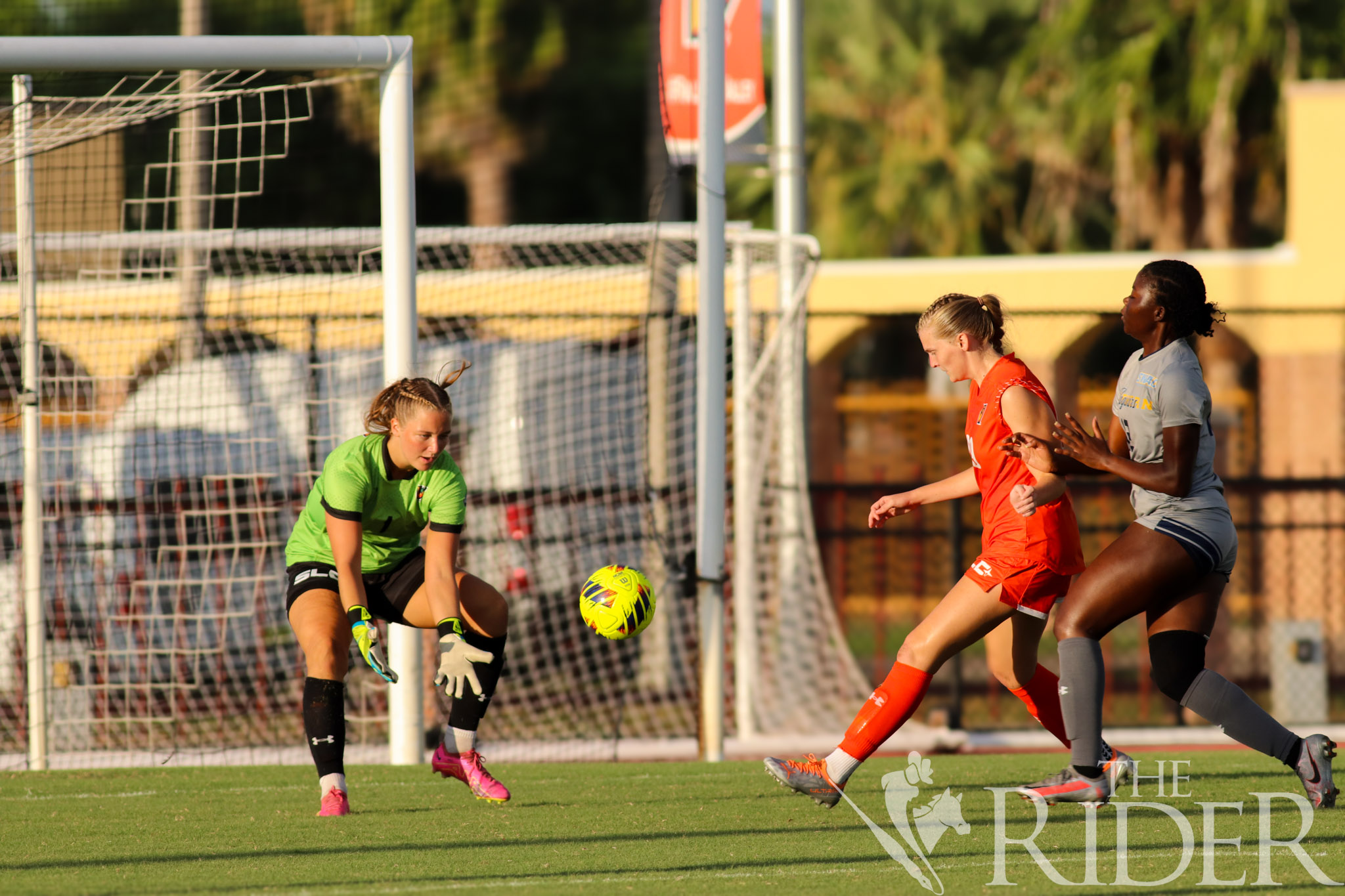 UTRGV freshman goalkeeper Heiddis Sigurdardottir prepares to take in a shot by Jaguar sophomore forward J'Lea Berry during tonight's game against Southern University and A&M College at the Soccer and Track & Field Complex on the Edinburg campus. The Vaqueros won 1-0. Also shown is Vaquero junior defender Libbie Mayfield. Abigail Ollave/THE RIDER
