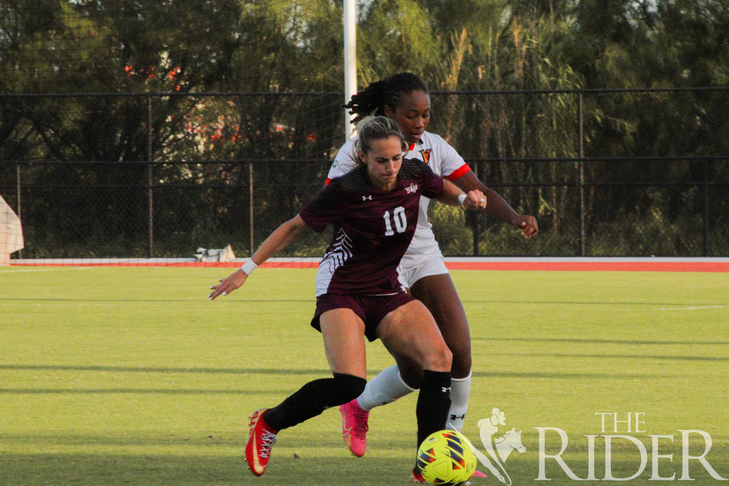 Texas Southern University graduate student forward Victoria Pucci cuts off Vaqueros freshman forward Krystin Moore during tonight’s match at the UTRGV Soccer and Track & Field Complex on the Edinburg campus. The Tigers won the match 1-0. Abigail Ollave/THE RIDER