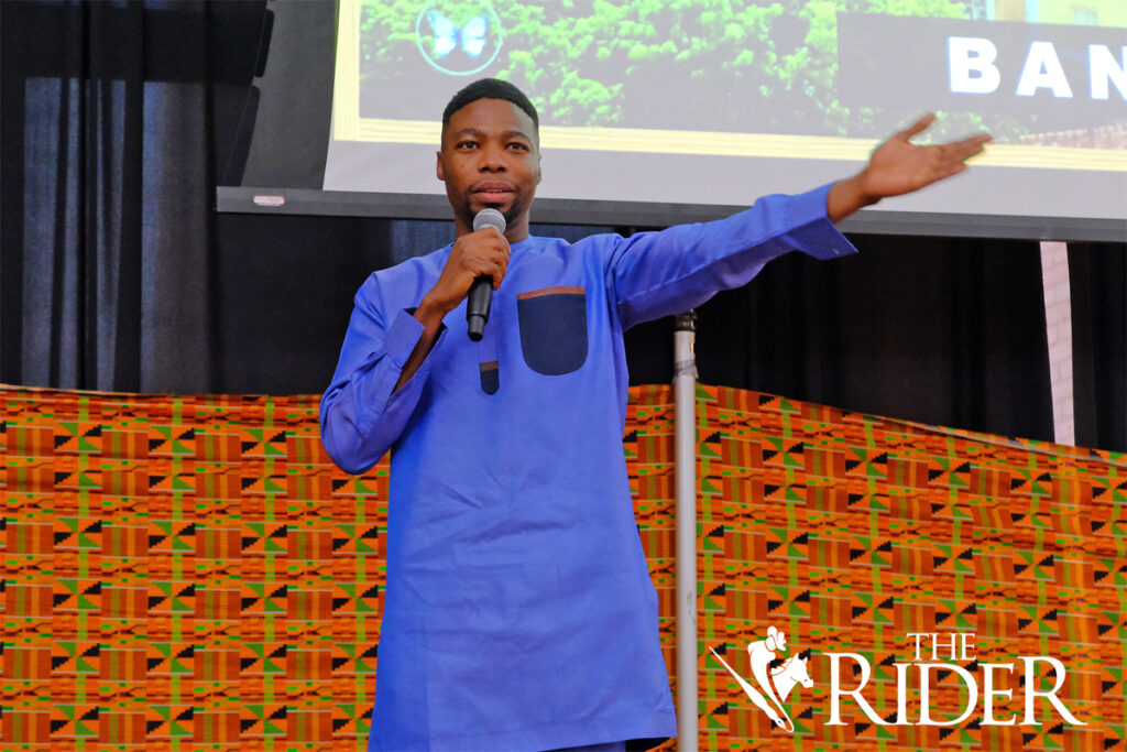 Dennis Atorque, president of the African Students Association, talks about the group and its impact during the ASA Fall Social 2024 Saturday evening in the University Ballroom on the Edinburg campus. Angel Ballesteros/THE RIDER