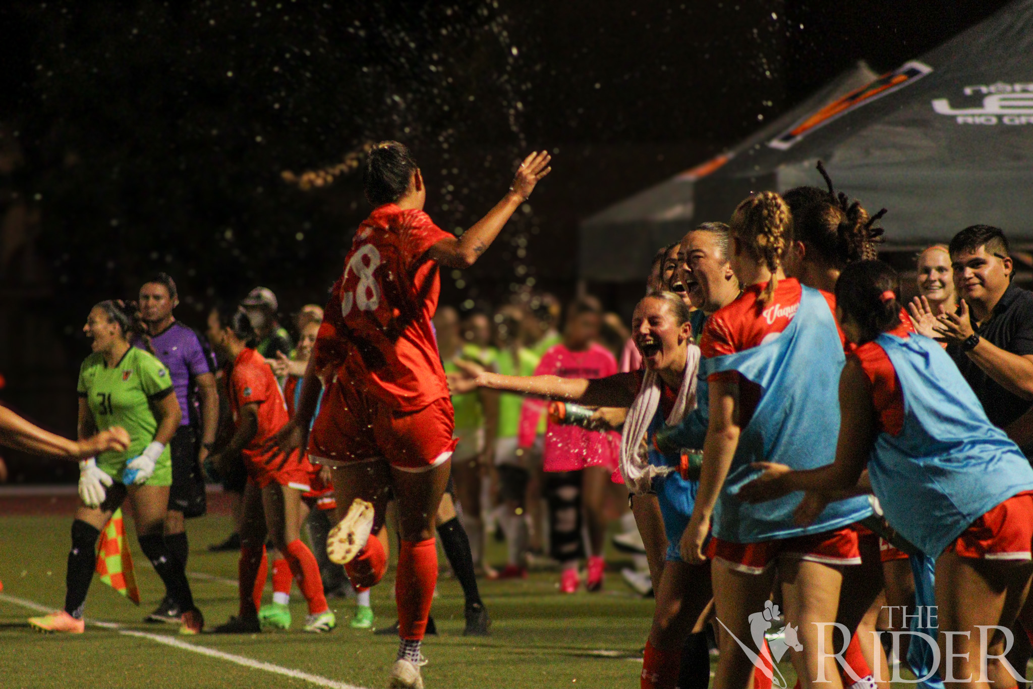 Vaqueros junior forward Olivia Trotter celebrates with the UTRGV Women’s Soccer Team after scoring against the Howard Payne University Yellow Jackets tonight at the UTRGV Soccer and Track & Field Complex on the Edinburg campus. Abigail Ollave/THE RIDER