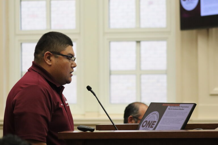 Rene Tabarez Jr., emergency management administrator, presents the City of Brownsville’s Preparedness Plan for Inclement Weather, which was put into action during the January cold front, at Tuesday’s city meeting. “A total of 133 individuals utilized the warming shelters between Jan. 20 [and] 21,” Tabarez said. Sofia Cantú Sauceda/THE RIDER