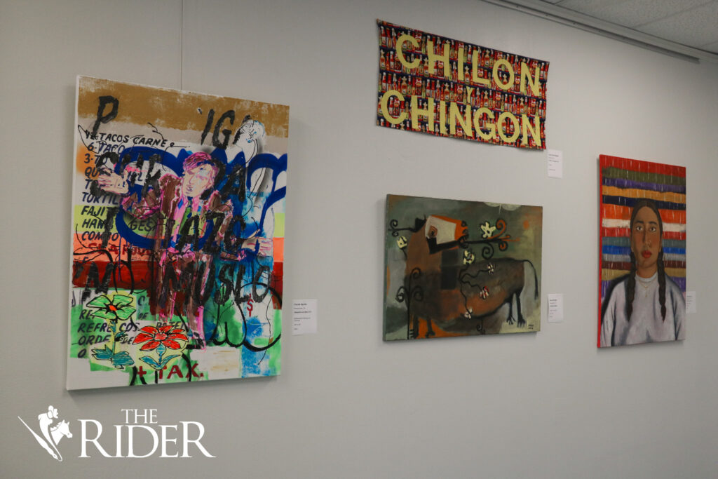 Shown are “Despertó sus Ojos 2025” (multimedia, canvas; from left) by Cande Aguilar, “Sombrero Beast” (acrylic, canvas) by Oscar Alvare, and “How I See You” (oil, canvas) by Valeria Martinez. The pieces are part of the Charro Days Exhibit in Puente Art Studio, located at 741 E. Elizabeth St. in Brownsville. Isabelle Mascorro/THE RIDER
