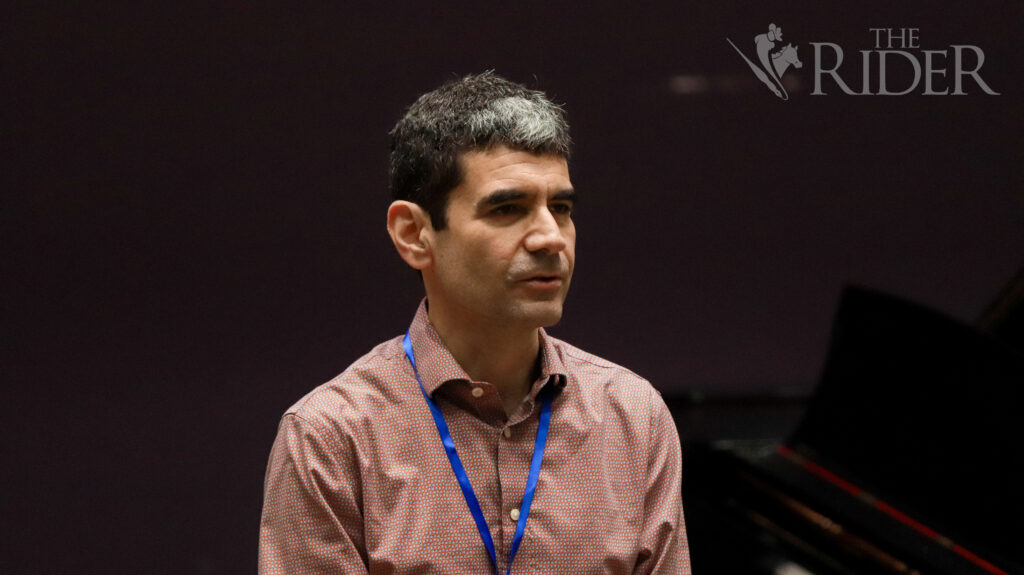 Piano professor Juan Pablo Andrade introduces La Frontera International Piano Conference’s “French Masters: The legacy of Fauré & Ravel” Friday in the Music, Science and Learning Center on the Brownsville campus. Mykel Del Angel/THE RIDER