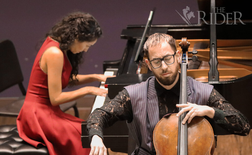 Linda Chávez, founder of the Brownsville Piano Studio; and Kevin Mills, a cellist from Los Angeles, perform as a duo during La Frontera International Piano Conference’s “French Masters: The legacy of Fauré & Ravel” Friday in the Music, Science and Learning Center on the Brownsville campus. Mykel Del Angel/THE RIDER