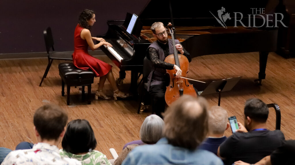 Linda Chávez, founder of the Brownsville Piano Studio; and Kevin Mills, a cellist from Los Angeles, perform as a duo during La Frontera International Piano Conference’s “French Masters: The legacy of Fauré & Ravel” Friday in the Music, Science and Learning Center on the Brownsville campus. Mykel Del Angel/THE RIDER