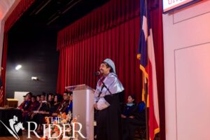 José Dávila-Montes, dean of the College of Liberal Arts and professor of Spanish translation and interpreting, welcomes B3 scholars during the bilingual integration ceremony Wednesday in the PlainsCapital Bank Theater on the Edinburg campus. Jose Rodriguez/THE RIDER