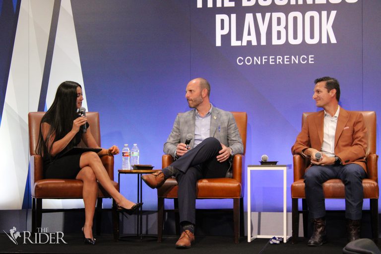 Jaeda Rael (from left), ESPN+ sideline reporter at UTRGV, moderates a panel between Chasse Conque, senior vice president and director of Athletics; Omar Ochoa, Edinburg mayor; and Hiren Govind (not pictured), former Edinburg Chamber of Commerce president and local business owner, hosted by the Edinburg Chamber of Commerce and the Edinburg Economic Development Corporation, Thursday at the Edinburg Conference Center at Renaissance.