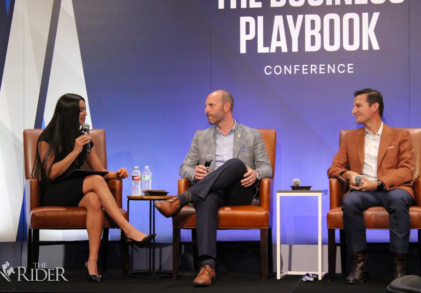 Jaeda Rael (from left), ESPN+ sideline reporter at UTRGV, moderates a panel between Chasse Conque, senior vice president and director of Athletics; Omar Ochoa, Edinburg mayor; and Hiren Govind (not pictured), former Edinburg Chamber of Commerce president and local business owner, hosted by the Edinburg Chamber of Commerce and the Edinburg Economic Development Corporation, Thursday at the Edinburg Conference Center at Renaissance.