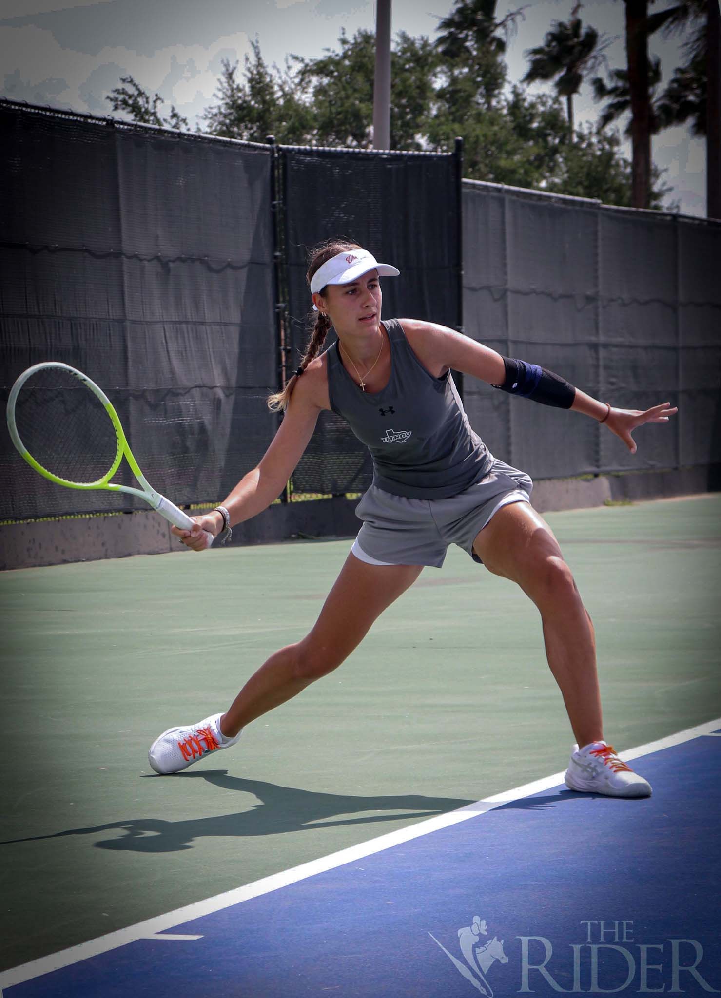 Junior Madeleine Joffe practices Thursday in the UTRGV Orville I. Cox Tennis Center on the Edinburg campus. 